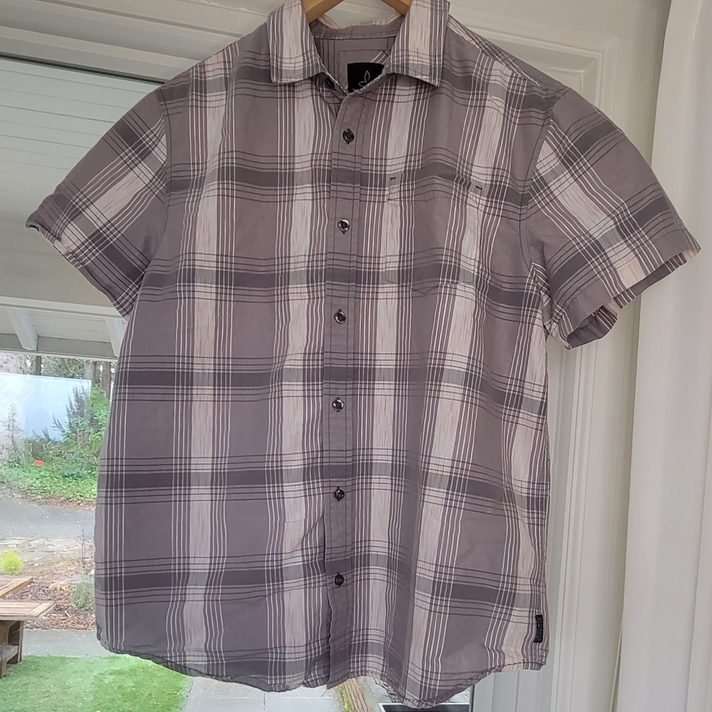 Prana Plaid Short Sleeve Button Up Shirt Gray And White Men's Size Large